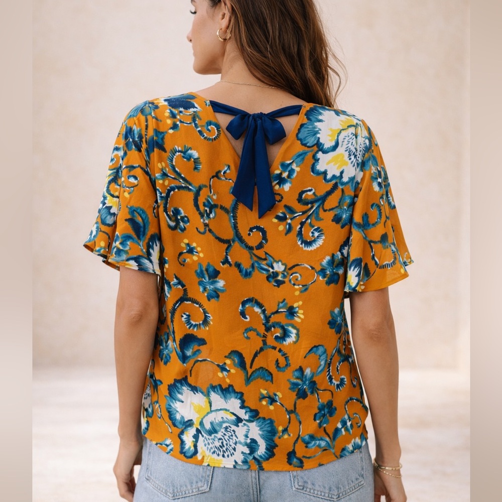 H&M mustard floral chiffon top ❤️size 4 - Picture 2 of 7